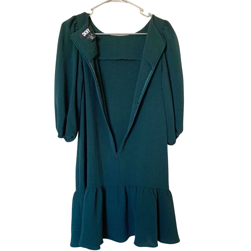 DKNY Puff Sleeve Tiered Midi Dress Dark Green Textured Loose Fit Size 4 - Picture 8 of 14